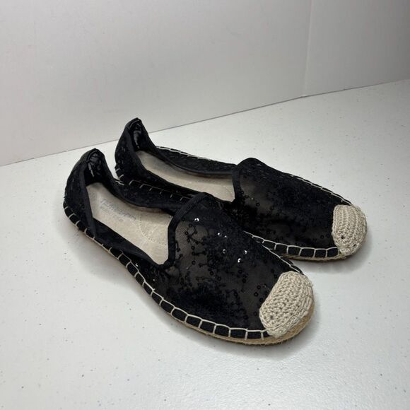 Tiosebon Lace Black Florals Sequin Espadrilles Flats Slip Ons Comfy Womens NWOB - Picture 2 of 7